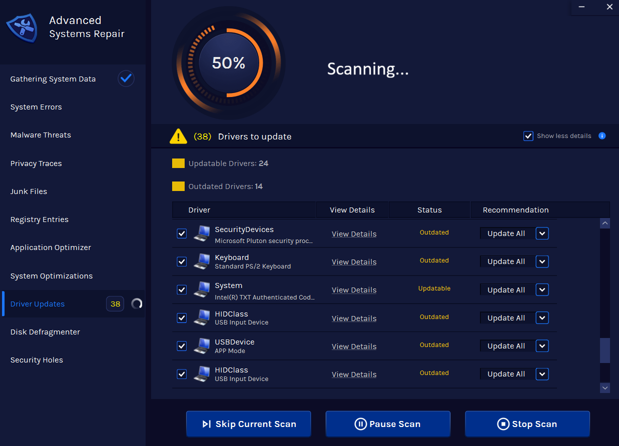 Advanced System Repair scanning the system for driver updates