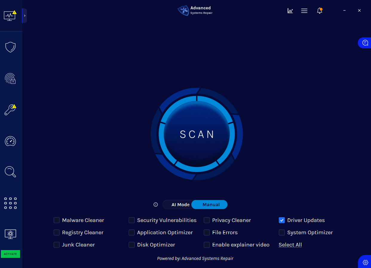 Advanced System Repair start scan screen with Driver Updates selected