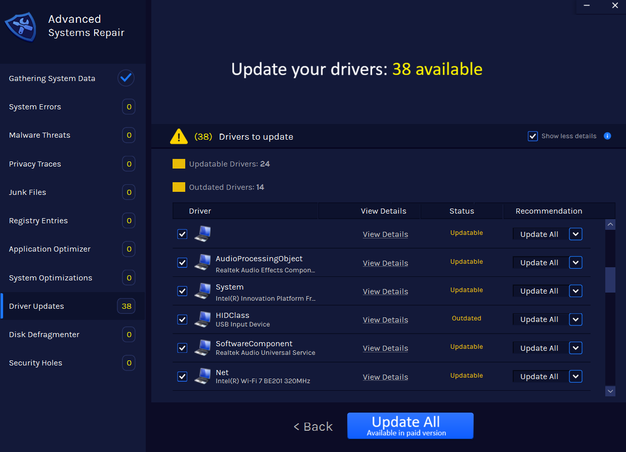 Advanced System Repair driver update results with Update All button